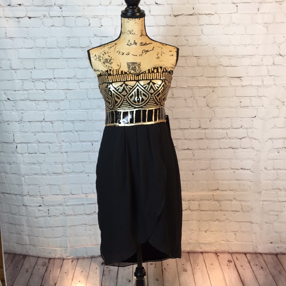NWT As U Wish Black Strapless Dress Gold Sequins Bodice Size 7